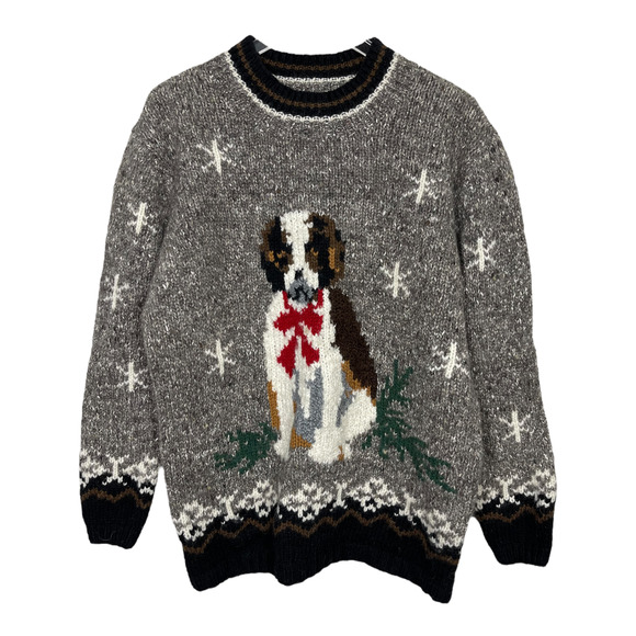 Vintage Sweaters - Vintage 90s Talbots Hand Knit Dog Sweater Large Wool Blend Holiday Pullover